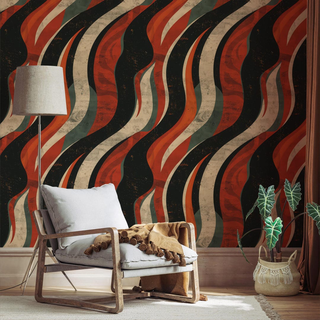 Retro Wave Stripe Peel and Stick Wallpaper | Burnt Orange, Cream & Teal ...
