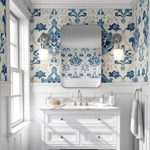 Blue Mediterranean Tile Floral Peel and Stick Wallpaper | Damask Pattern | 26" Panels | Removable Renter Friendly | Smooth Fabric Canvas