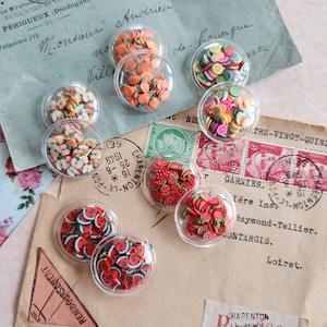 Può includere: Una collezione di piccoli contenitori rotondi in plastica trasparente riempiti con colorate fettine di argilla polimerica in miniatura a forma di frutta. L'assortimento include minuscole rappresentazioni di arance, mele, fragole, angurie e agrumi.