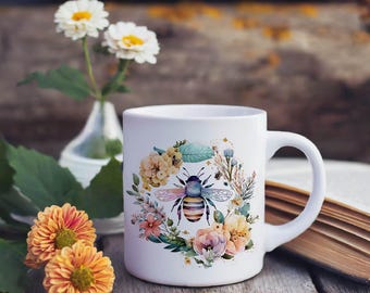 Taza de cerámica con diseño de abejorro en acuarela, taza de café motivacional (11 oz y 15 oz)