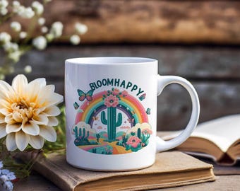 Taza de cerámica Bloom Happy, taza de café motivacional (11 oz y 15 oz)