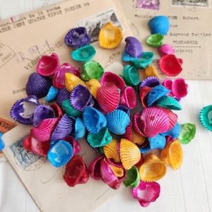 Könnte beinhalten: Eine Ansammlung von bunt bemalten Muscheln in verschiedenen Farben, darunter Rosa, Blau, Gelb und Lila. Die Muscheln sind auf einem Vintage-Papierhintergrund verstreut, was eine farbenfrohe und künstlerische Darstellung ergibt. Die Muscheln sind unterschiedlich groß und geformt.
