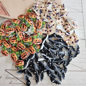 Calabaza, Murciélago, Cabujones de esqueleto / Encantos de espalda plana de Halloween / Decoden de limo / Cabujón de resina de Halloween / Suministros de artesanía Kawaii / Resina de otoño