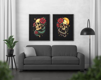 Tattoo Blitz Kunst | Totenkopf, Schlange, Herz 4er Set