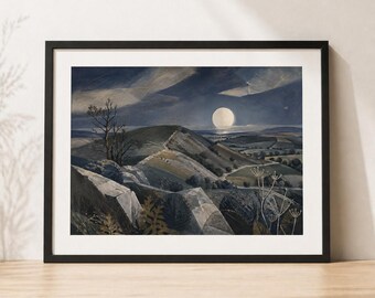 Mondaufgang über Cleeve Hill Druck, schwermütige Vintage Landschaftskunst (digitaler Download)