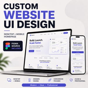 Pode incluir: Um laptop e um smartphone exibem um design de interface do usuário de site. O texto diz "Custom Website UI Design" e "Build. Launch. Scale Faster". O design inclui gráficos, com a fonte Figma incluída. O design é moderno, limpo e profissional.