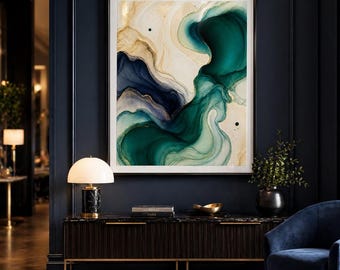 Abstrakte smaragdgrüne Wandkunst, Gold Alkohol Ink druckbare, moderne Fluid Kunstdruck
