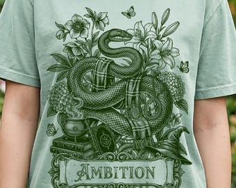 House of Ambition Snake Cottagecore Aesthetic Tee, Wizard School Inspired Floral Snake Shirt, Universal Vacation shirt