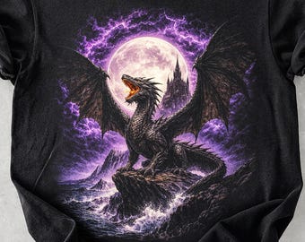 Vintage 90's Dark Fantasy Dragon Shirt, Gothic Dragon Moon Castle Tee, Purple Lightning Aesthetic, Fantasy Art Shirt, Comfort Colors T-Shirt