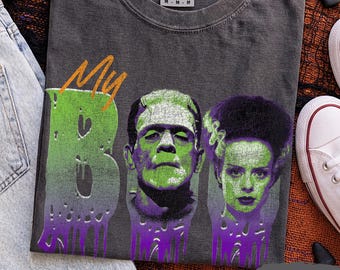 My Boo Vintage Frankenstein Couple Shirt, Retro Halloween Graphic Tee, Spooky Horror Romance Shirt, Gothic Halloween Gift