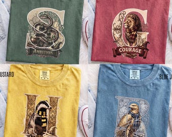 Vintage Wizard House Shirt, Wizard School Inspired Animal Tee, Lion Eagle Snake Badger Design, Fantasy Book Lover Gift