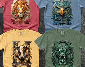 Wizard House Paper Quilling Shirt, Vintage Lion Eagle Snake Badger Crest Tee, Fantasy Reader Gift