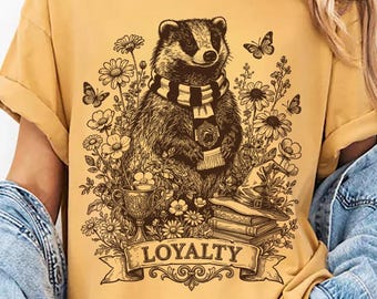House of Loyalty Badger Cottagecore Aesthetic Tee, Wizard School Inspired Floral Badger Shirt, Universal Vacation Shirt