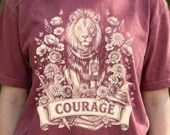 House of Courage Lion Cottagecore Aesthetic Tee, Wizard School Inspired Floral Lion Shirt, Universal Vacation Shirt