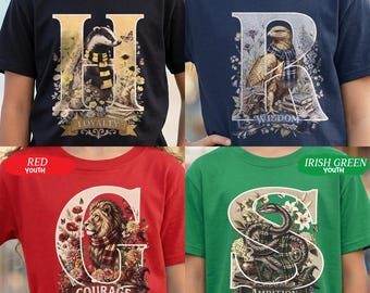 Youth Wizard House Animal Letter Cottagecore Shirt, Kids Magic School Tee, Lion Eagle Snake Badger Floral Graphic Shirt