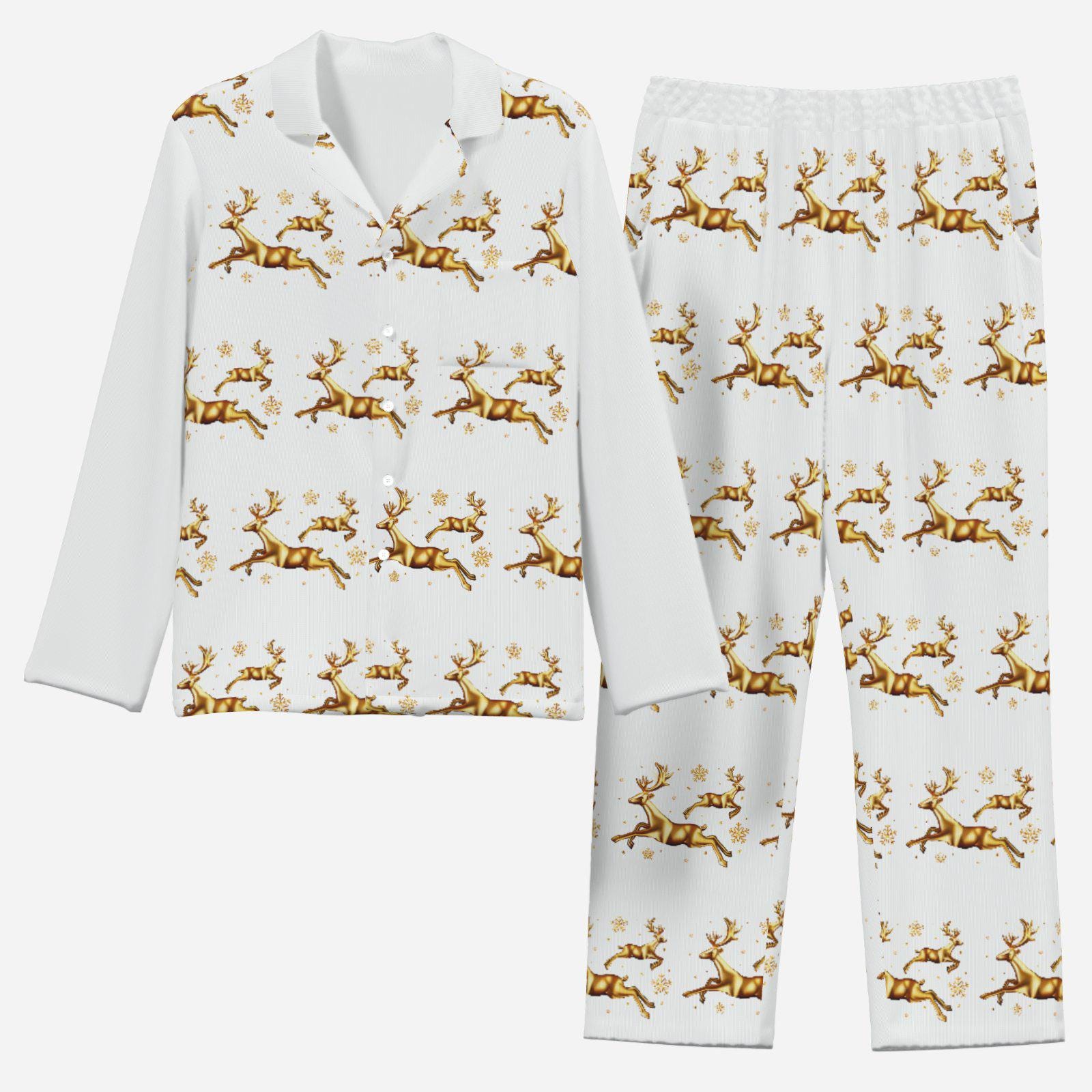 Golden Reindeer Women Long Sleeve Pajama Set With Pockets