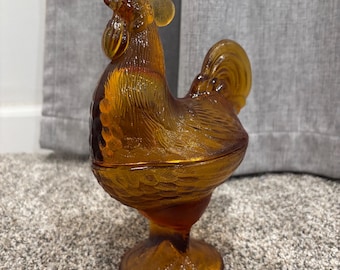 Honey Amber Rooster Figurine, Vintage Westmoreland Glass, Retro