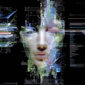 May include: Digital art piece featuring a human face with one eye open, overlaid with colorful, abstract data streams and lines. The background is black, creating a contrast with the face and data.