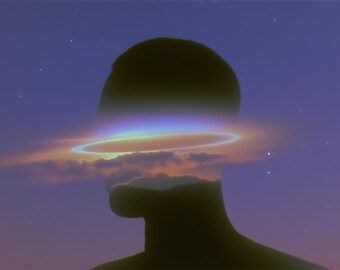 May include: A person's head silhouetted against a night sky, with a surreal landscape within. A vibrant ring of light and clouds fills the head, set against a purple-blue sky with stars. The image suggests imagination and wonder.