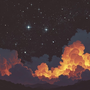 Könnte beinhalten: Digitale Kunst eines Nachthimmels mit einem dunklen, sternenübersäten Bereich darüber. Darunter erzeugen große, stilisierte Wolken in Orange-, Gelb- und Dunkelblautönen einen dramatischen, feurigen Effekt. Die Szene weckt ein Gefühl von Staunen und Fantasie.