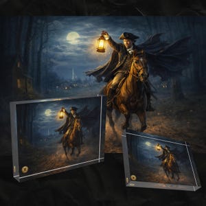 May include: An artistic print depicts a man on horseback holding a lantern, illuminated by a full moon. The scene is set in a dark forest with a distant town. The image is presented on three acrylic blocks, with the main print in the background.