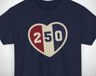 USA 250th Anniversary Shirt - Vintage Heart Collegiate - Semiquincentennial 1776-2026 - Retro Patriotic Fourth of July Faux Embroidery Look