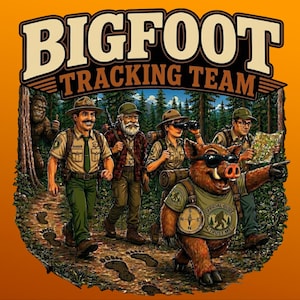 Pode incluir: Uma ilustração gráfica num fundo laranja com o texto BIGFOOT TRACKING TEAM. A cena mostra um grupo de caminhantes e um javali com óculos de sol e uma t-shirt com uma bússola, caminhando por uma floresta com um grande Bigfoot.