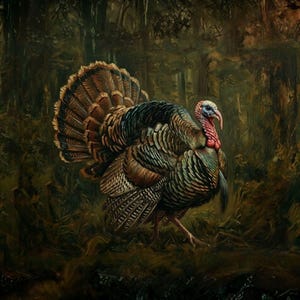 May include: A detailed painting of a wild turkey in a forest setting. The turkey has brown, black, and iridescent green feathers, a red wattle, and a blue head. The background features a dark, wooded area with tall trees and foliage.