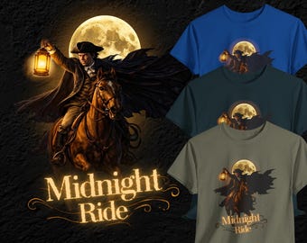 Midnight Ride T-Shirt - Paul Revere Graphic Tee - Historical Revolution Shirt - Glow Style Full Moon & Horseback Rider - Patriotic History