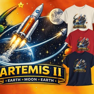 Könnte beinhalten: Eine Illustration einer Rakete, die ins All startet, mit dem Text "ARTEMIS II EARTH MOON EARTH". Drei T-Shirts in Creme, Rot und Marineblau zeigen das gleiche Design.