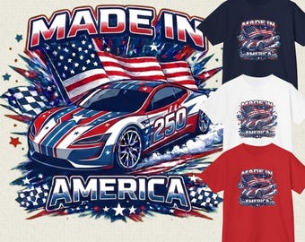 Kids Made in America 250 Racing Shirt | Youth Patriotic T-Shirt | Kids 4th of July | USA 250th Anniversary Tee | Red White and Blue Graphic
