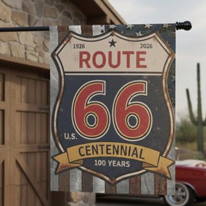 Route 66 Centennial Flag - 100 Years Anniversary Banner - 24x32 or 12x18 Mother Road 1926-2026 Decor - Vintage Americana Shield Wall Hanging