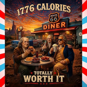 Może przedstawiać: Cyfrowa grafika przedstawiająca trzy historyczne postacie w barze, jedzące burgery i frytki. Bar nazywa się "Route 66 Diner" z tekstem "1776 Calories Totally Worth It". Klasyczny samochód i dystrybutor paliwa znajdują się w tle.