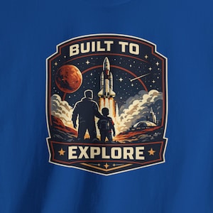Retro Weltraum Exploration T-Shirt, Vater und Sohn Raketenstart T-Shirt, Vintage NASA Style Mission Patch Shirt, Mars Entdeckung Grafik T-Shirt