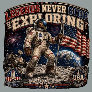 以下が含まれることがあります： 月面でアメリカ国旗を持つ宇宙飛行士のグラフィックイラスト。テキストは「LEGENDS NEVER STOP EXPLORING」です。画像は愛国的なテーマで、宇宙探査車、花火、地球が背景に描かれています。