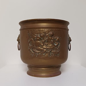 Vintage Brass Copper Planter, Lion Head Ring Handle Cachepot, Embossed Jardiniere Plant Pot Holder