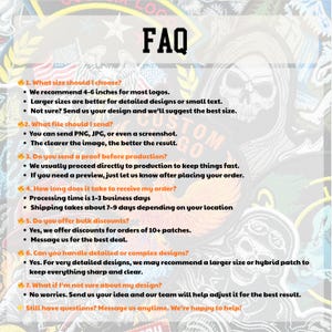 May include: FAQ graphic with text about patch sizes, file types, production, order times, bulk discounts, design complexity, and design assistance. The text includes "We recommend 4-6 inches for most logos."
