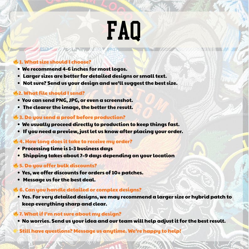 May include: FAQ graphic with text about patch sizes, file types, production, order times, bulk discounts, design complexity, and design assistance. The text includes "We recommend 4-6 inches for most logos."