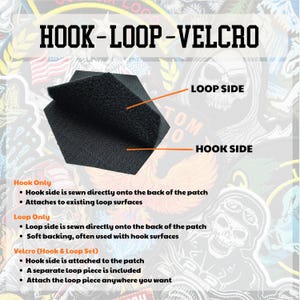 May include: A black hook and loop fastener patch with the text "HOOK-LOOP-VELCRO". The image shows the loop side and hook side of the fastener. The text explains the hook only, loop only, and Velcro (hook & loop set) options.