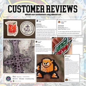 May include: A collage of customer reviews for a shop on Etsy. The image includes various embroidered patches, including a cocktail, a nautical emblem, a cross, a pixelated character, and a soda logo. Text reads "Customer Reviews" and shop details.