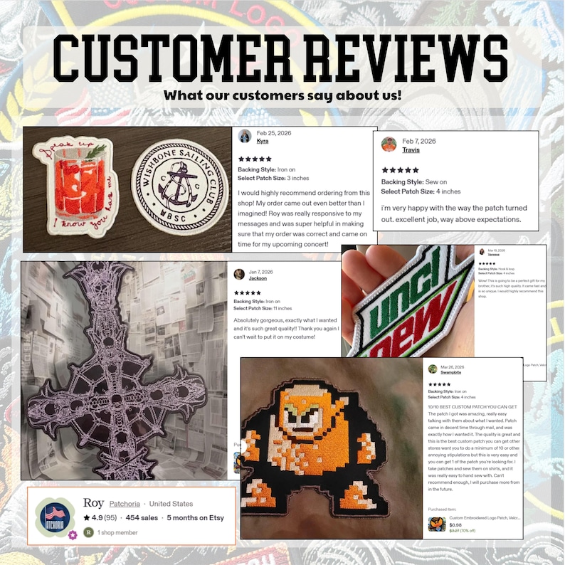 May include: A collage of customer reviews for a shop on Etsy. The image includes various embroidered patches, including a cocktail, a nautical emblem, a cross, a pixelated character, and a soda logo. Text reads "Customer Reviews" and shop details.