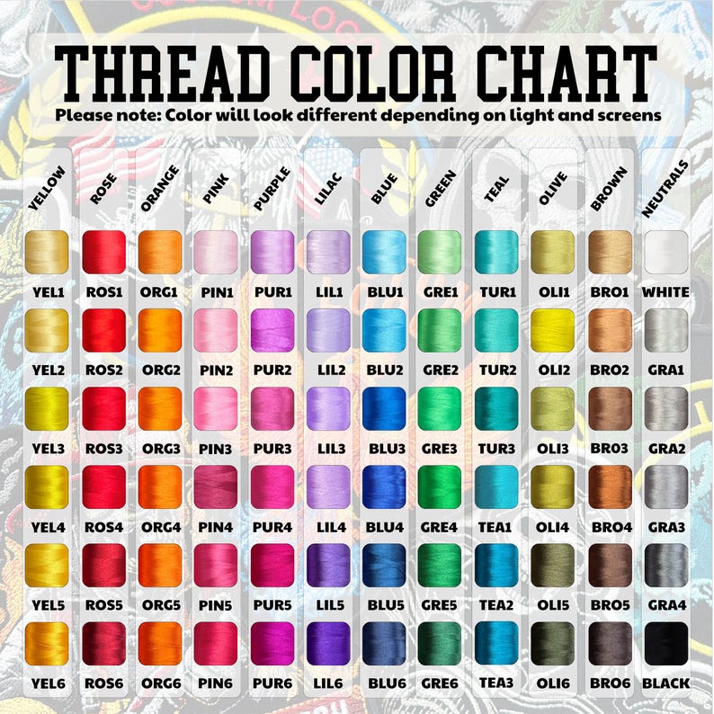 May include: A thread color chart with a variety of thread colors, including yellow, rose, orange, pink, purple, lilac, blue, green, teal, olive, brown, and neutrals. The chart includes the text "THREAD COLOR CHART".