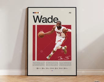 Póster de Dwayne Wade, póster de Miami Heat, póster de la NBA, póster deportivo, estilo moderno de mediados de siglo, para aficionados a la NBA, regalo de baloncesto, pósteres deportivos para dormitorio