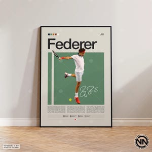 May include: A framed poster featuring Roger Federer in action on a tennis court. The poster has a green and beige color scheme with the name "Federer" in bold letters. Includes a signature and the number "/81".
