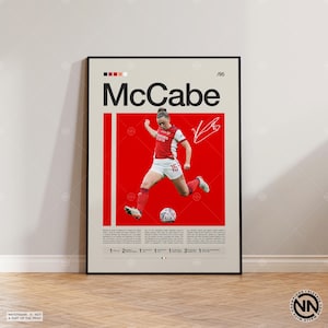 Könnte beinhalten: Gerahmtes Poster mit einer Fußballspielerin in roter und weißer Uniform, die einen Ball tritt. Das Poster zeigt den Namen "McCabe", eine Unterschrift und die Nummer "15". Der Hintergrund ist rot und beige.