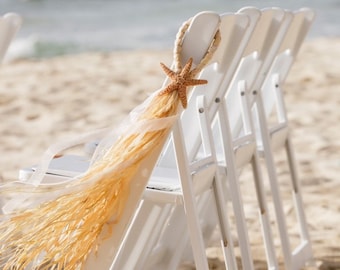 Beach Aisle Decorations, Beach Pew Bows, Starfish and Raffia Chair Hangers, Beach Wedding, Pick your Ribbon, Destination Wedding, Seashells