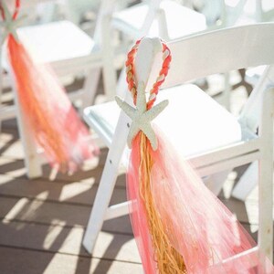 Tulle and Raffia Chair Hangers, Painted Starfish, Pew Bow, OVER 30 COLORS, Beach Decor, Destination Wedding, Starfish Wedding, Beach Aisle