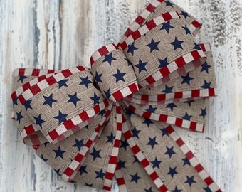 Fourth of July Bow,  Memorial Day, Founders Day, 4th of July Bow, Patriotic Bow, 4th of July, Red  White Blue, Wreath Bow, Rustic Americana