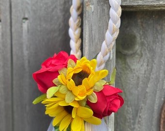 Sunflower and Rose Chair Hangers, OVER 30 COLORS, Red Roses, Sunflowers, Wedding Decor, Rustic Wedding, Pew Bows