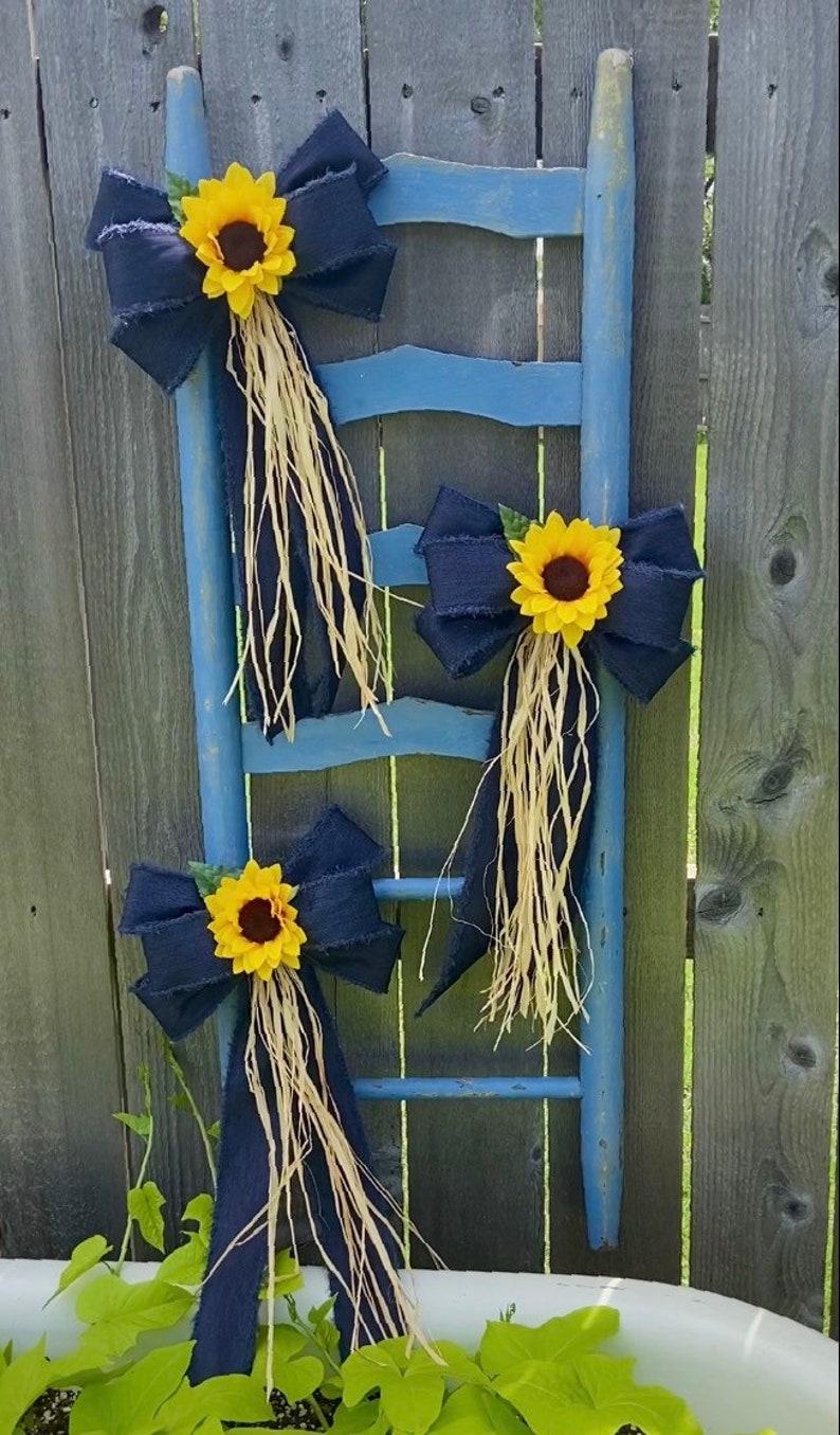 Wired Denim Bow, Sunflowers, Pew Bow, Sunflower Wedding, Navy and Yellow, Church Aisle, Rustic Wedding, Barn Wedding, Rustic Decor, Wreath image 8